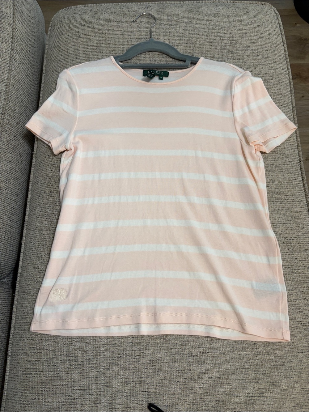 Lauren Ralph Lauren Peach and White Striped Short Sleeve Tee Medium